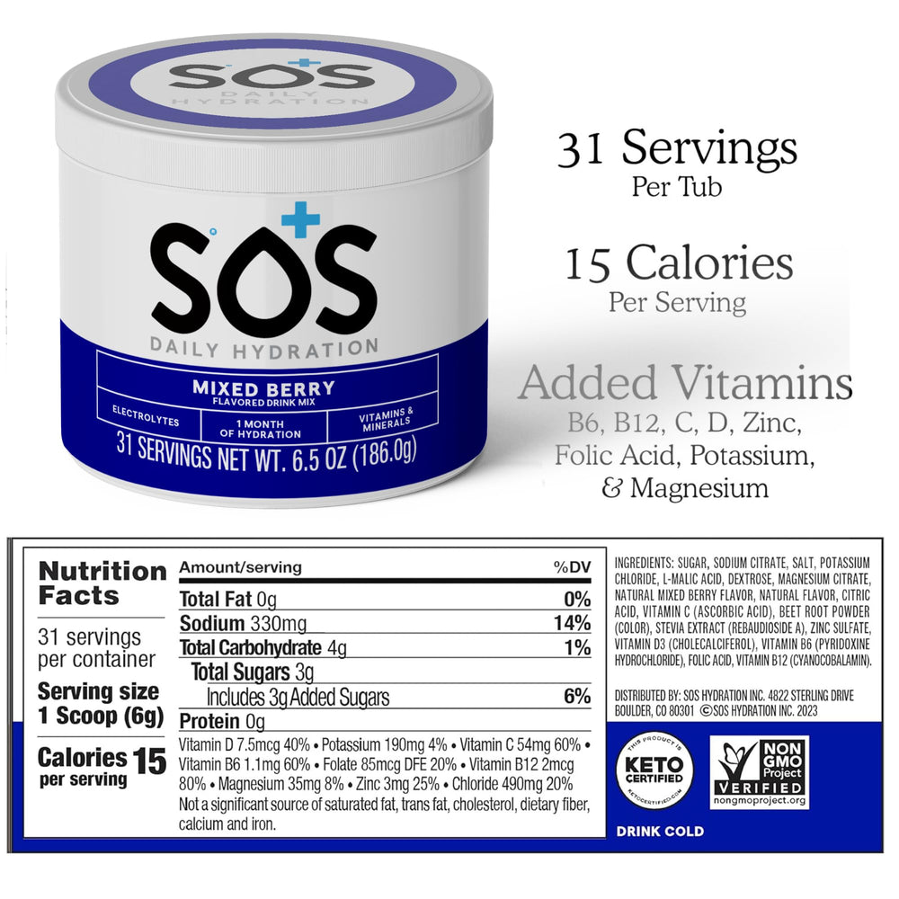 SOS Hydration keto-friendly electrolytes support steady hydration with 15 calories