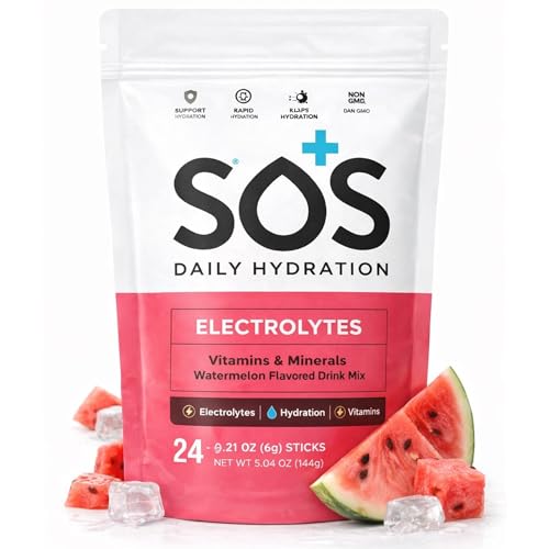 SOS Hydration watermelon stick packets for quick, flavorful electrolyte replenishment.