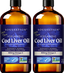 SOULSATION Icelandic Cod Liver Oil bottle with lemon flavor for daily omega-3 intake.