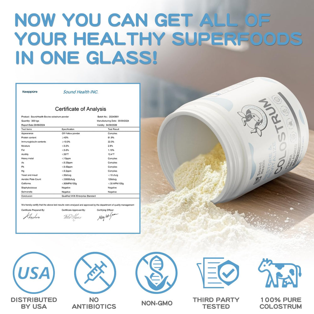 Sound Health Colostrum label closeup highlighting grass-fed, hormone-free ingredients