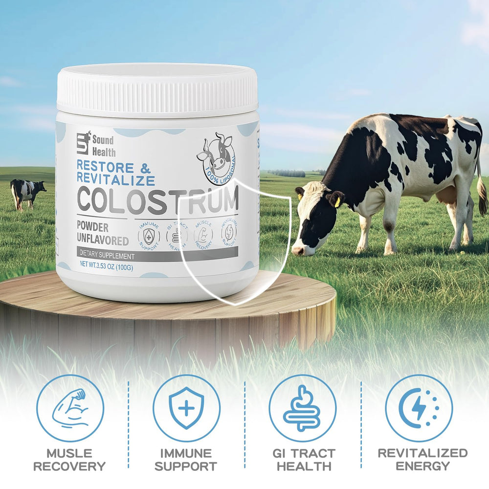 Sound Health Colostrum Powder dissolving in water for easy mixing.