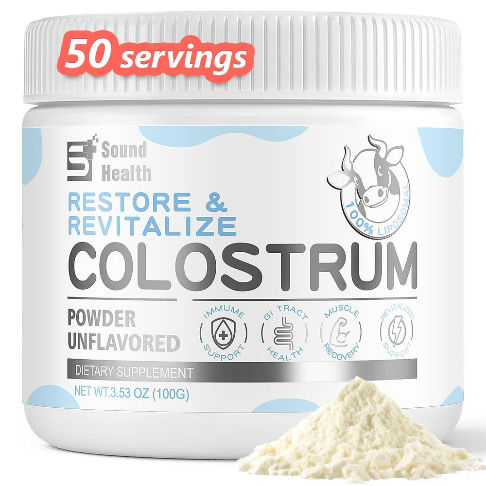 Sound Health Colostrum Powder with scoop for easy daily immune support.
