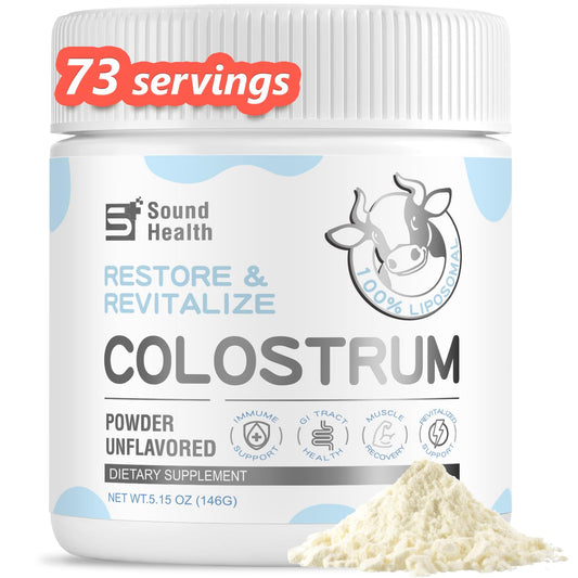 SoundHealth Colostrum powder bottle front view showcases premium bovine source aiding gut support