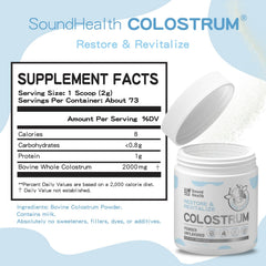 SoundHealth Colostrum powder scoop and jar ready to mix for daily immune and gut support