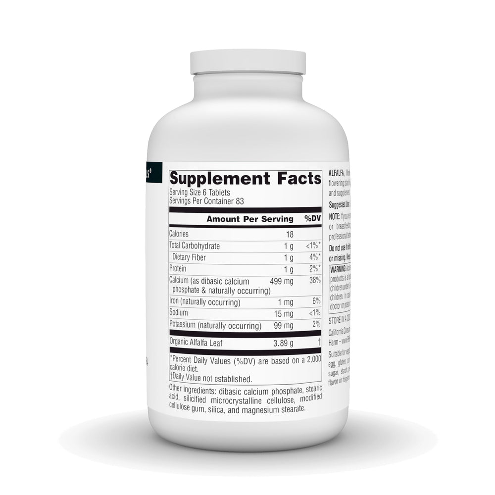 Source Naturals Alfalfa leaves close-up highlights vibrant greens and nutrient content.