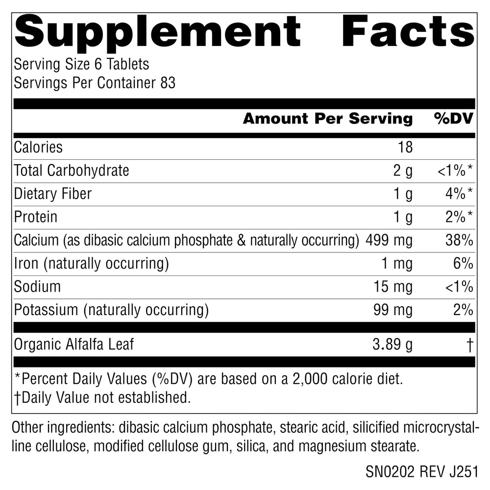 Source Naturals Alfalfa tablets being poured demonstrates easy daily dosage.