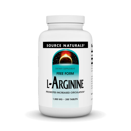 Source Naturals L-Arginine Free Form 1000 mg bottle may support muscle metabolism and nitrogen transport.