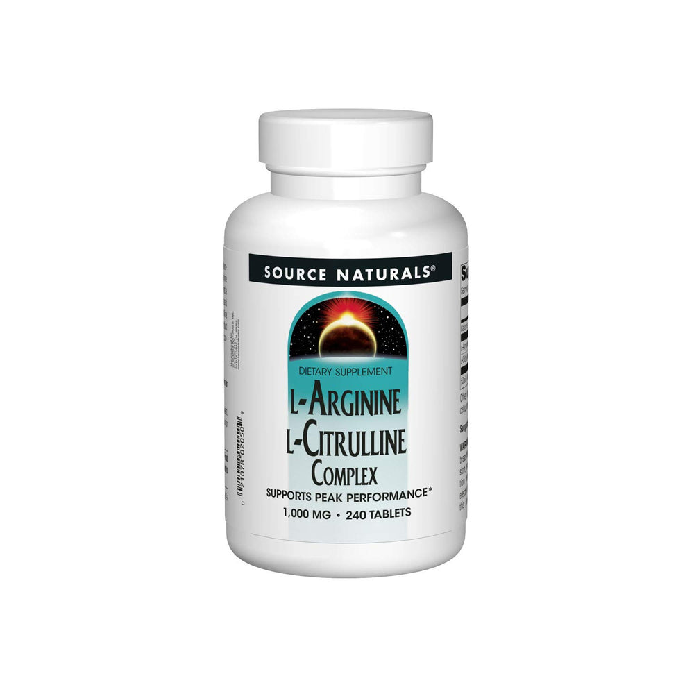 Source Naturals L-Arginine L-Citrulline Complex bottle shows 240 tablets for daily support