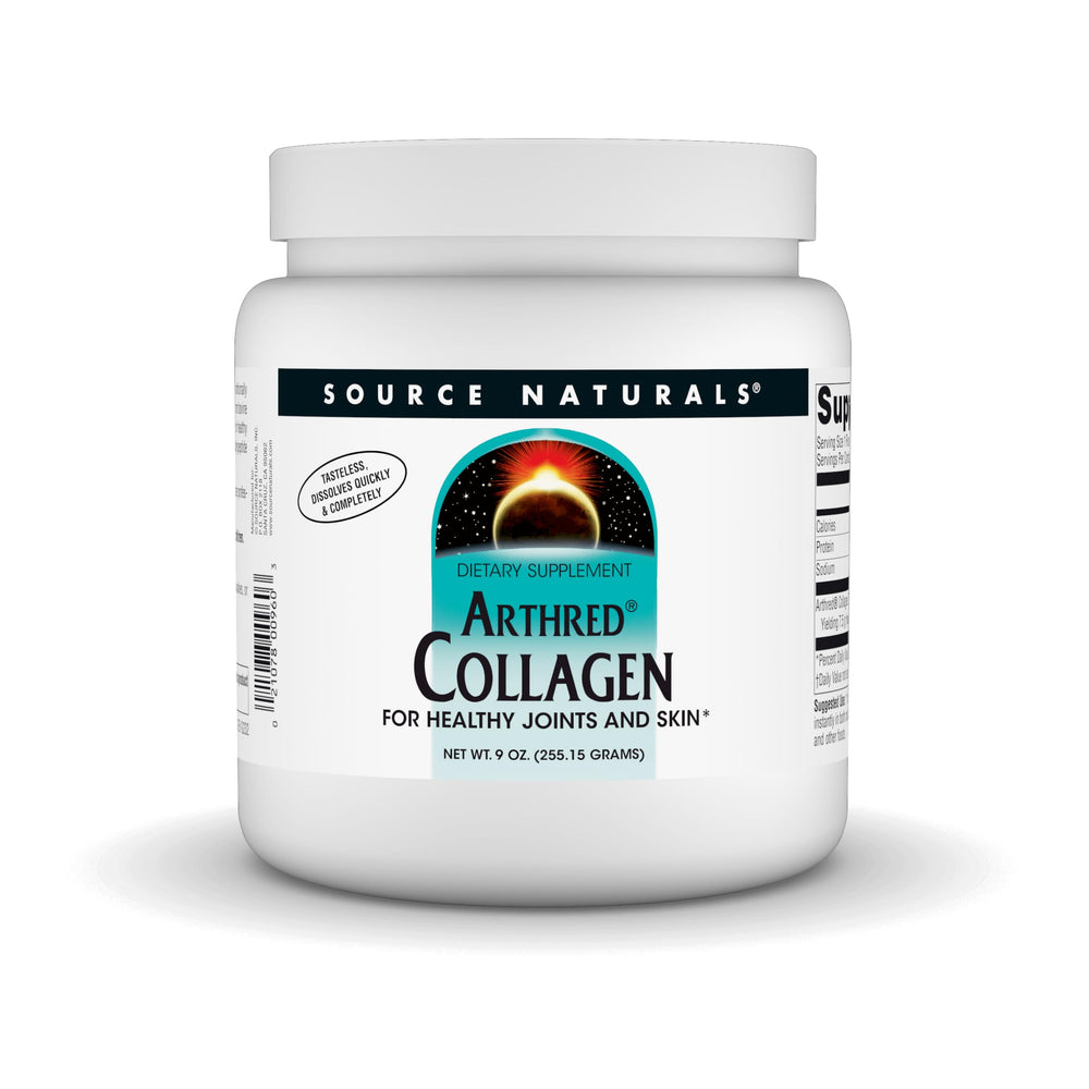 Source Naturals Arthred collagen powder pour; smooth unflavored mix for everyday beverages.