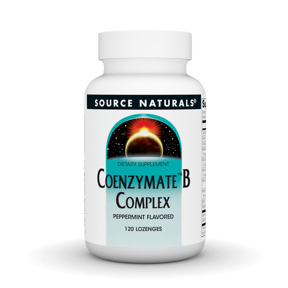 Source Naturals Coenzymate B Complex peppermint melt lozenge dissolving on tongue, offering quick support.