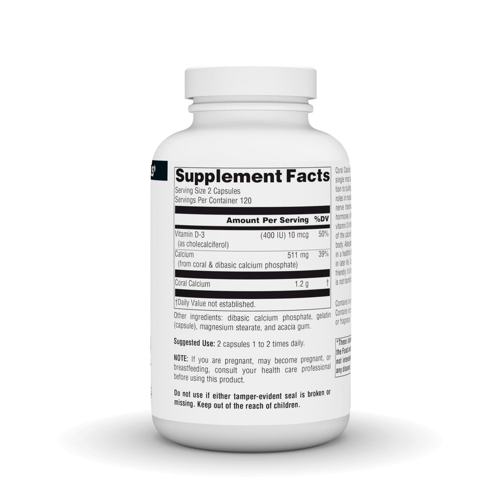 Source Naturals Coral Calcium capsules in bottle ready for daily intake.