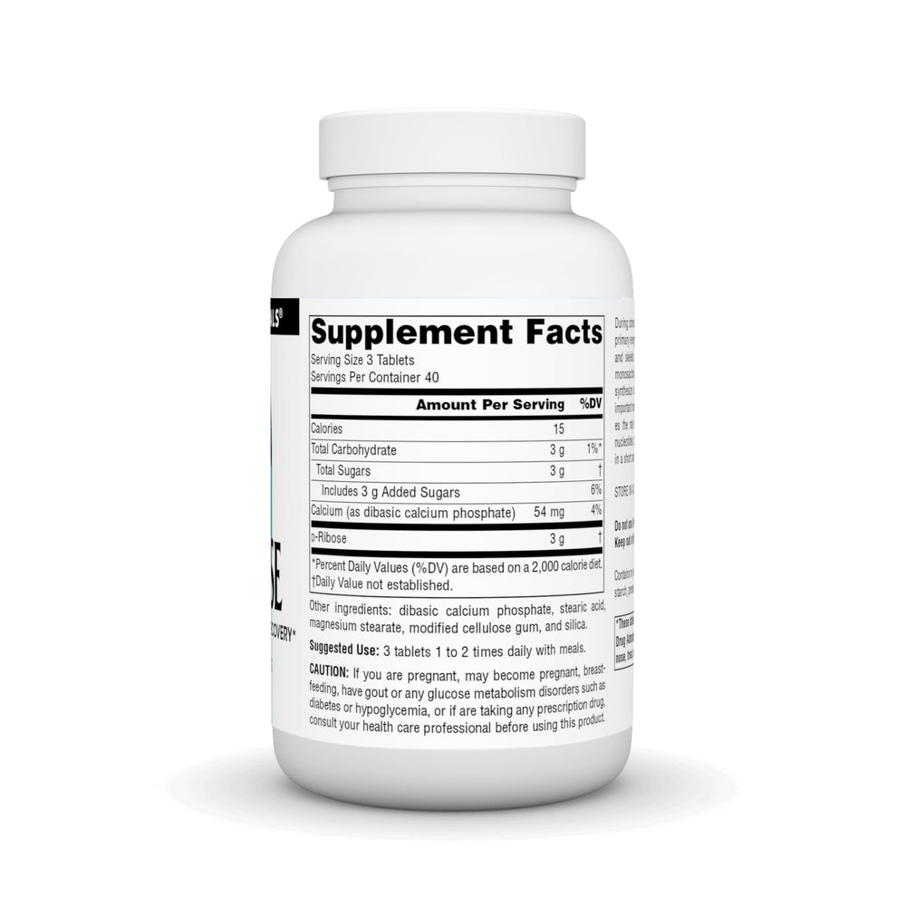 Source Naturals D-Ribose bottle label close-up highlighting quality and clean formula.