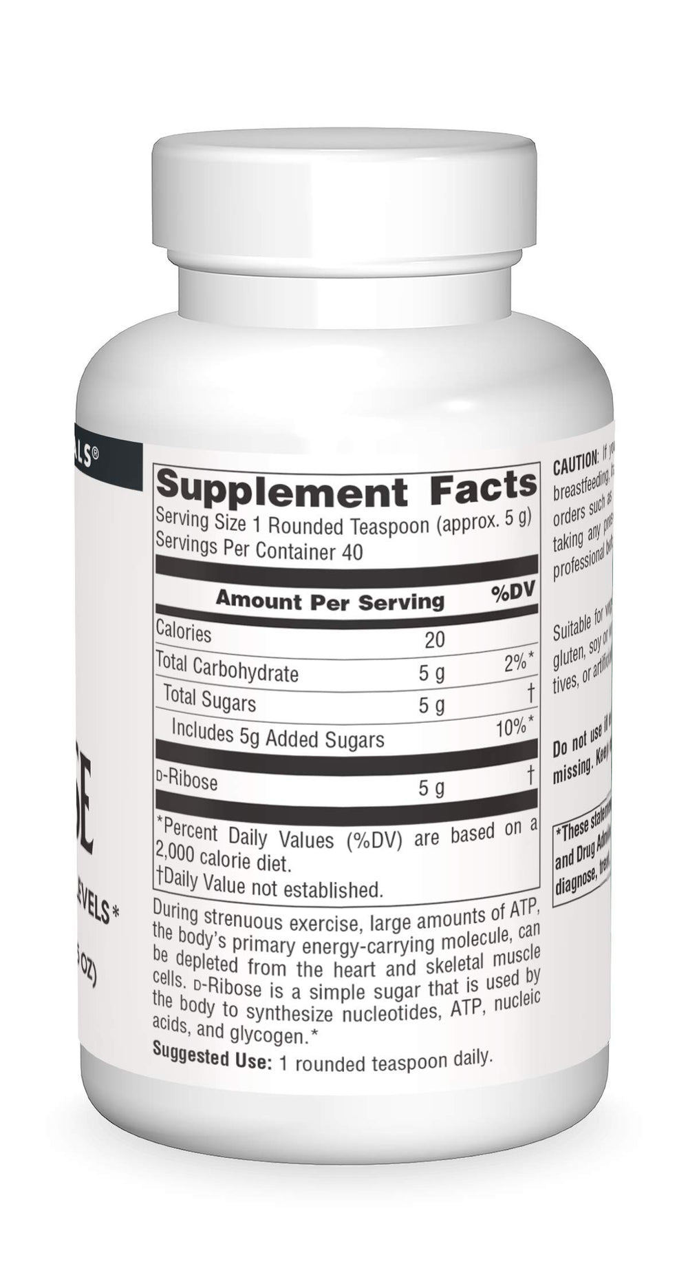 Label close-up of Source Naturals D-Ribose Powder highlighting vegetarian-friendly formula.