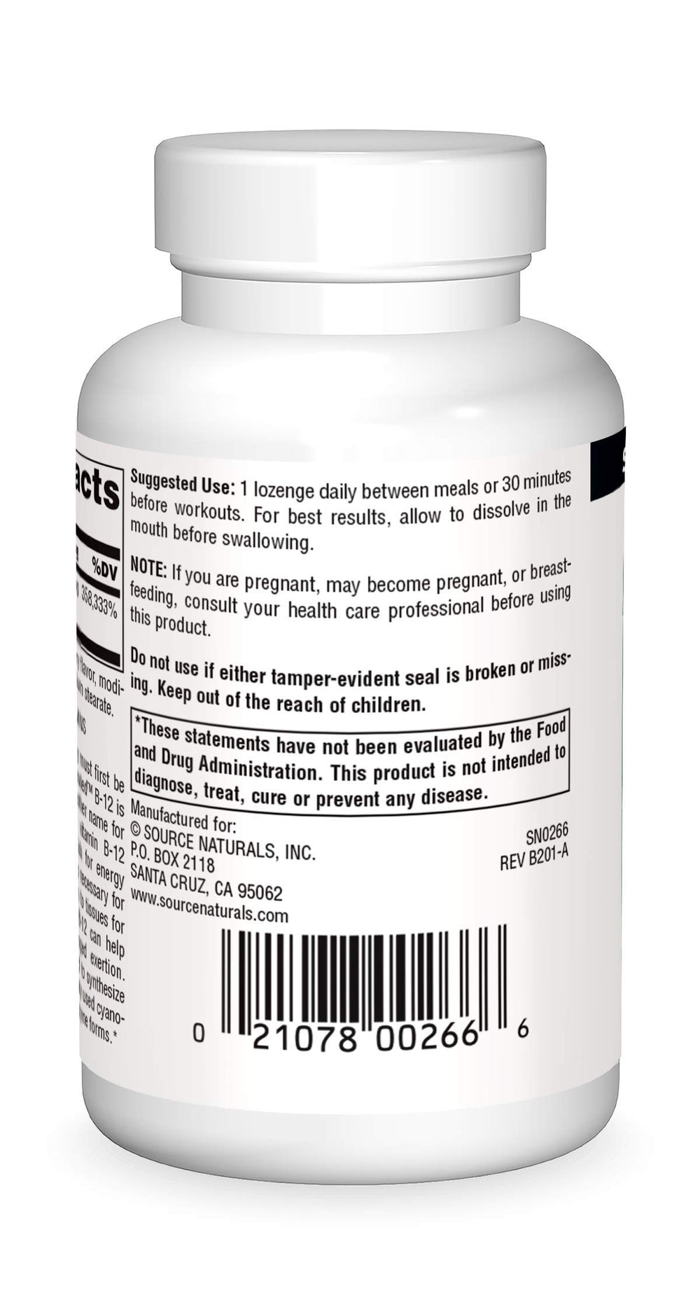 Label close-up of Source Naturals Dibencozide coenzyme B-12 info for energy support.