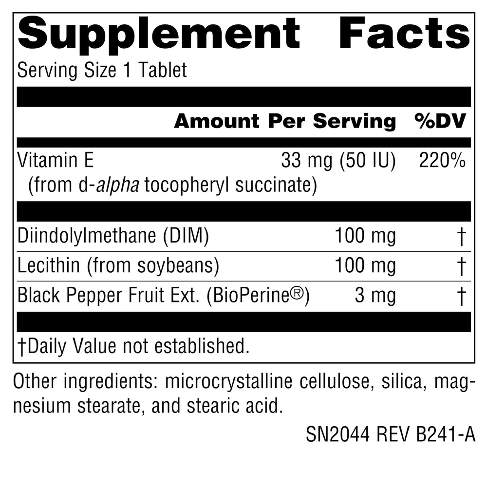 Source Naturals DIM 100mg ingredients panel highlights Bioperine and Vitamin E