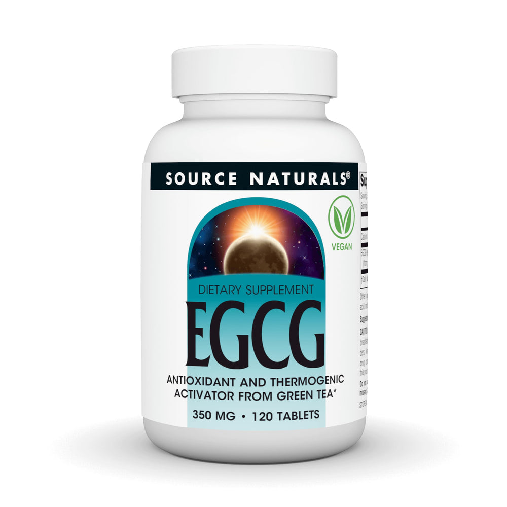 Source Naturals EGCG bottle pours, hinting at antioxidant support for daily wellness.