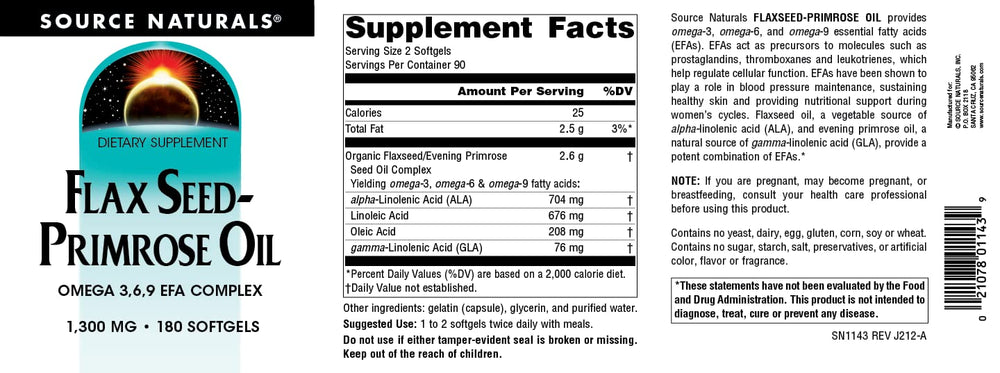Source Naturals flax-seed-primrose oil softgels on kitchen counter.