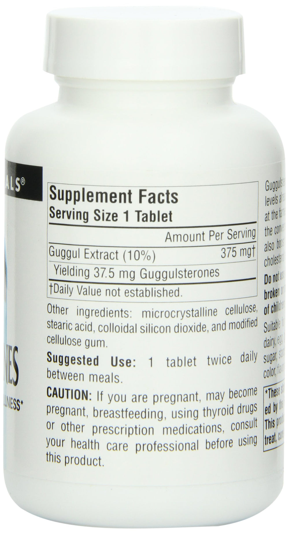 Source Naturals Guggulsterones bottle back emphasizes suggested use between meals.