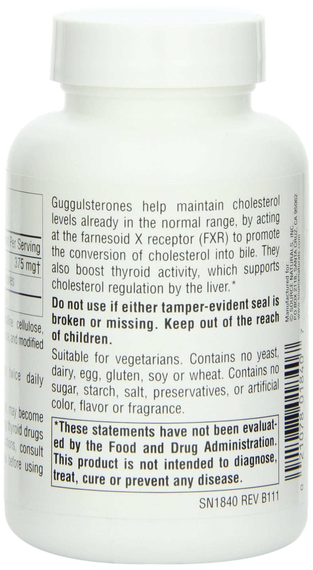 Source Naturals Guggulsterones label shows vegetarian-friendly formula.