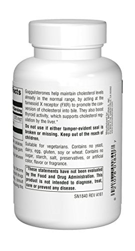Source Naturals Guggulsterones tablets close-up highlighting 37.5 mg dosage.