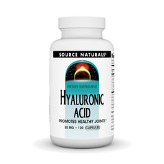 Source Naturals Hyaluronic Acid bottle illustrating joint support and skin benefits.