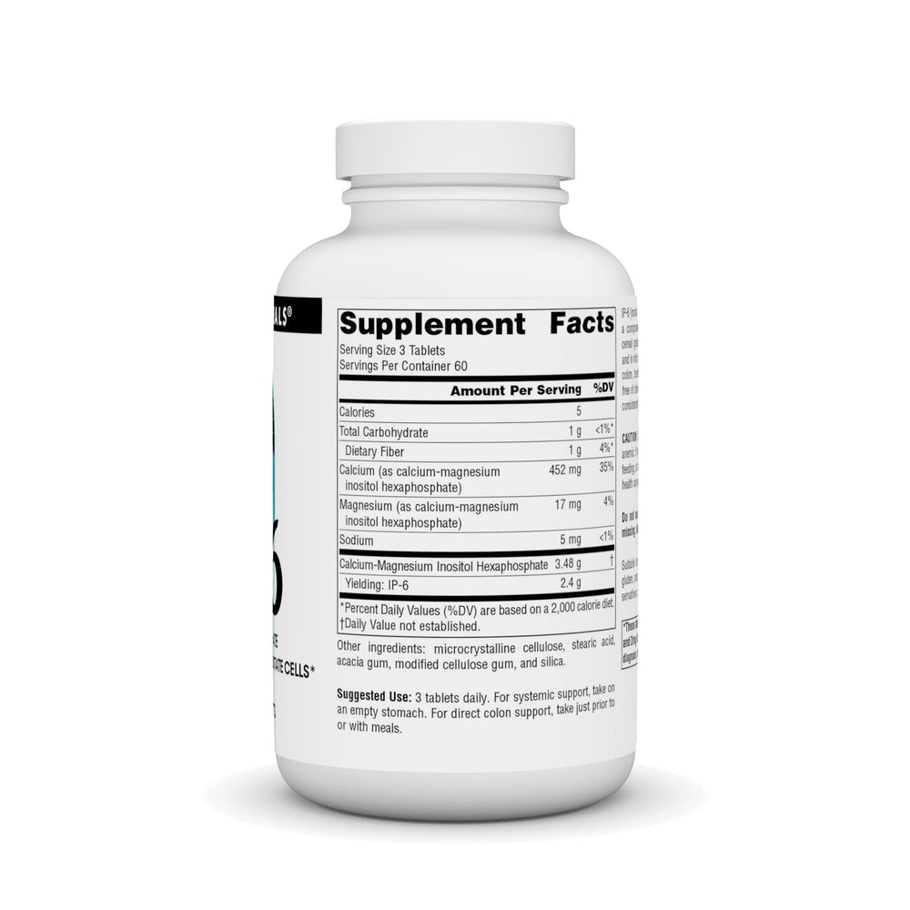 Back label on Source Naturals IP-6 bottle with ingredients and vegetarian note.