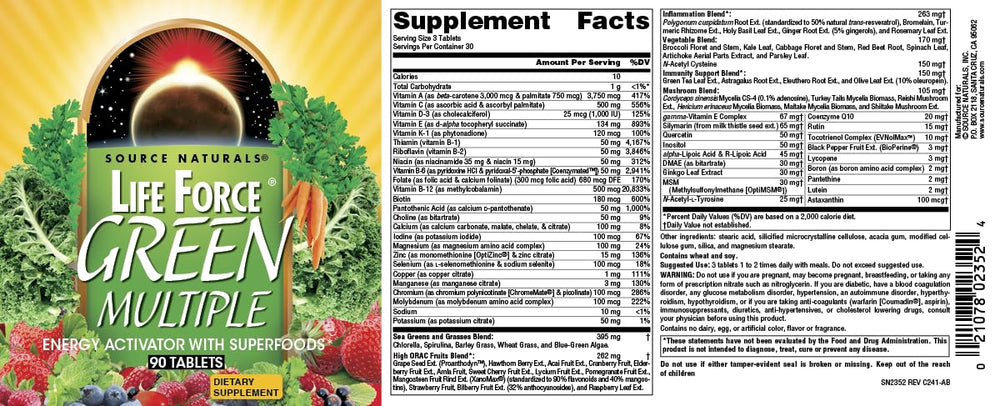 Source Naturals Life Force Green tablets with a meal, illustrating suggested intake