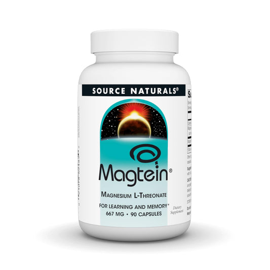 Source Naturals Magtein bottle closeup highlighting cognitive support