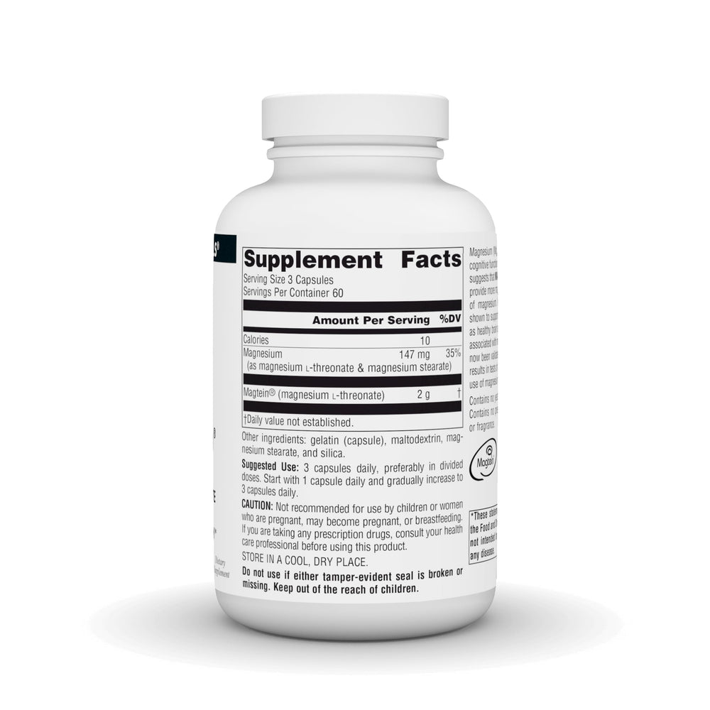 Source Naturals Magtein capsules in bottle for convenient supplementation.