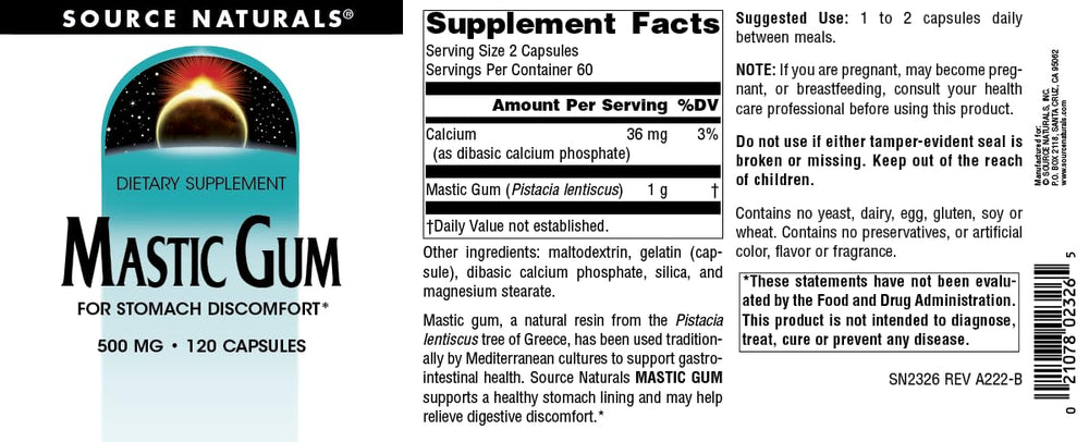 Source Naturals Mastic Gum packaging showing USA manufacturing for trusted quality