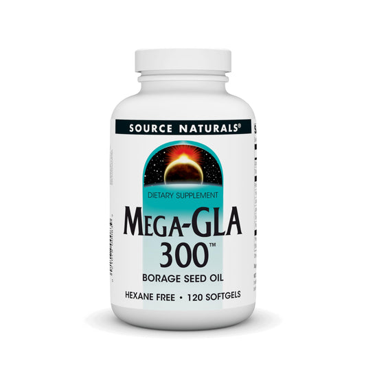 Source Naturals Mega-GLA 300 bottle front, hexane-free borage oil for daily softgel use