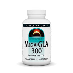 Source Naturals Mega-GLA 300 bottle front, hexane-free borage oil for daily softgel use
