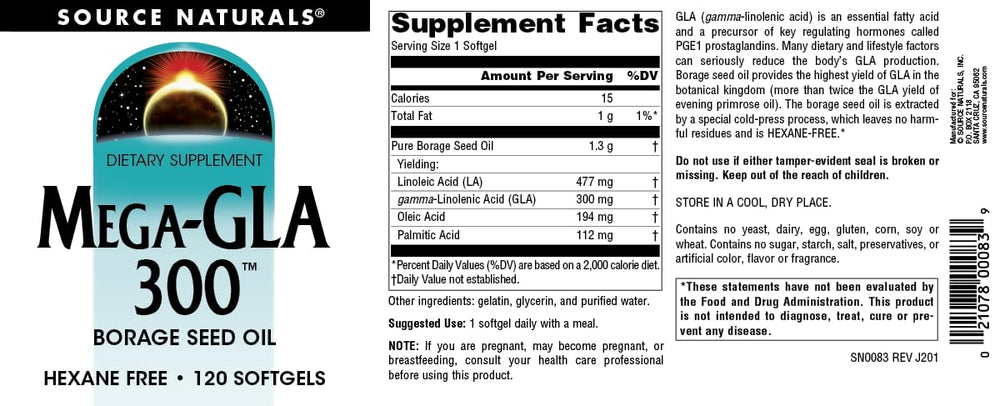 Source Naturals Mega-GLA 300 label detail highlighting hexane-free process