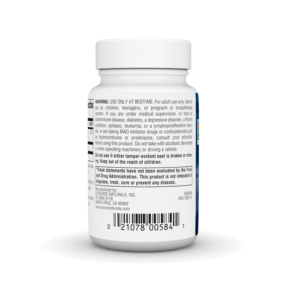 Source Naturals melatonin bottle close-up highlighting USA manufacturing and cGMP quality.