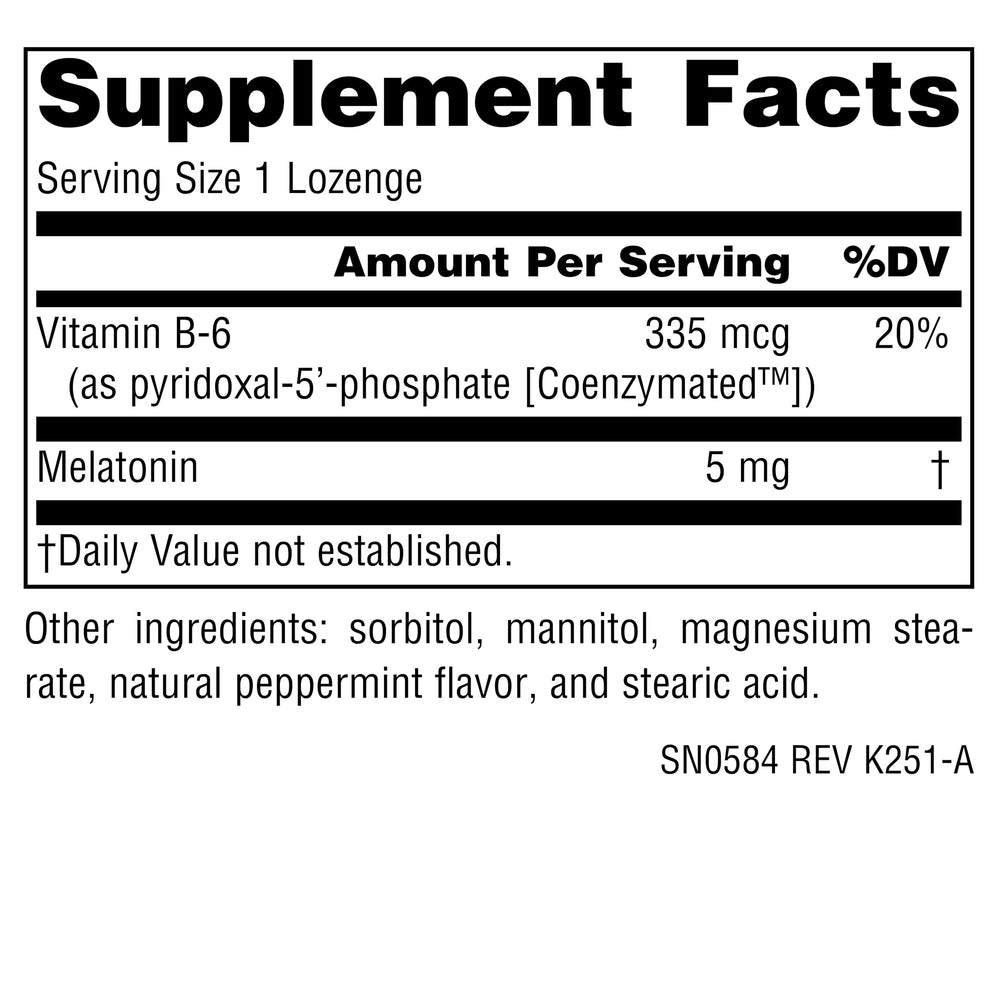 Source Naturals melatonin lozenge dissolving on tongue for quick, restful sleep support.