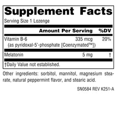Source Naturals melatonin lozenge dissolving on tongue for quick, restful sleep support.