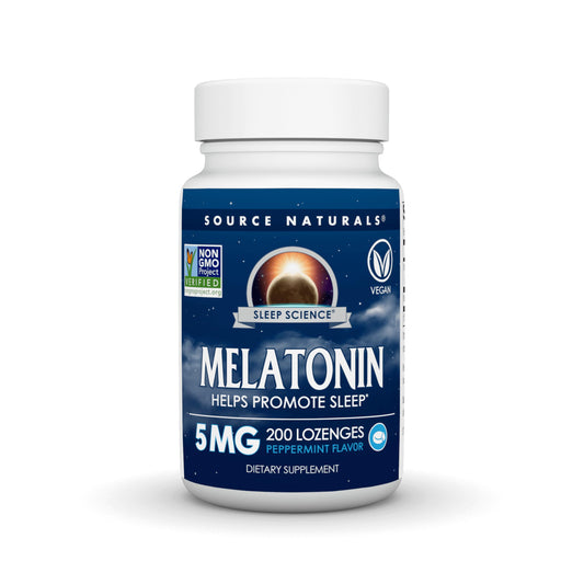 Source Naturals melatonin lozenge packaging with peppermint flavor and 5 mg dosage for restful nights.