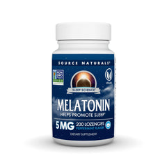 Source Naturals melatonin lozenge packaging with peppermint flavor and 5 mg dosage for restful nights.