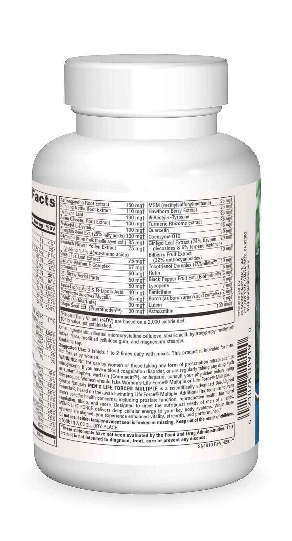 Source Naturals Life Force label closeup highlighting key nutrients.