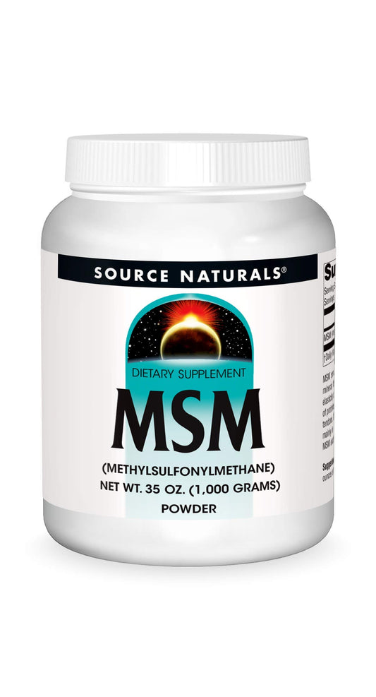 Source Naturals MSM powder bottle with label ready to blend into water for daily use.