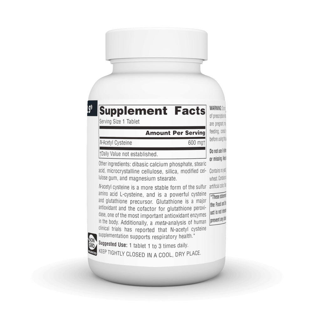 Source Naturals NAC tablets closeup highlights uniform size for easy swallowing.
