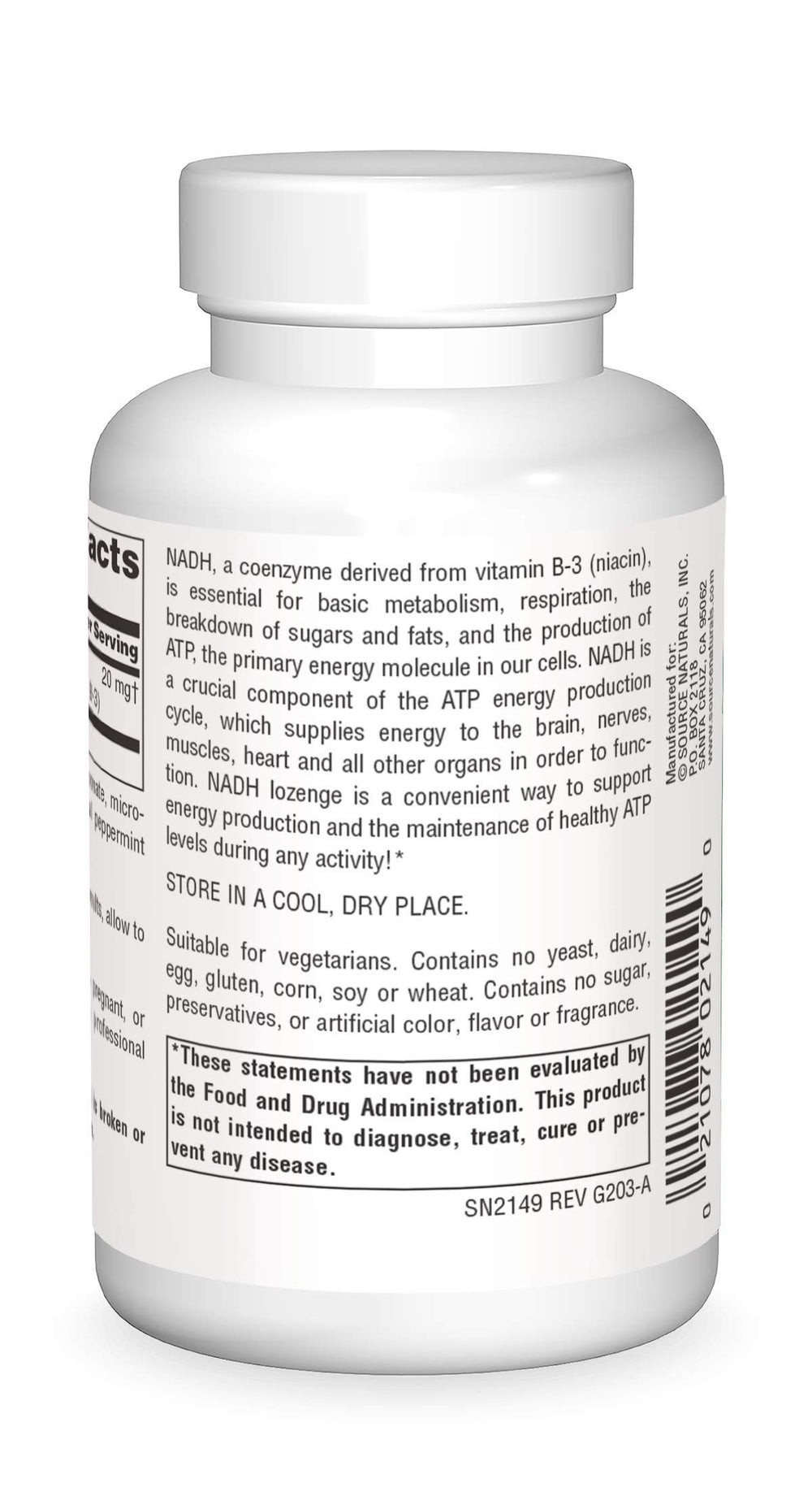 Source Naturals NADH lozenges bottle side detail for daily focus