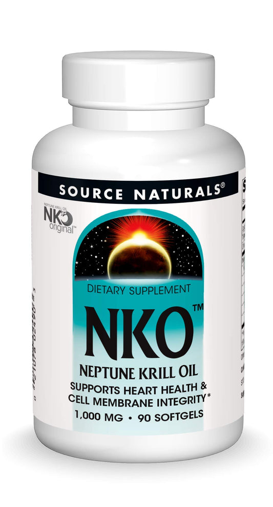 Source Naturals NKO Neptune Krill Oil bottle close-up for omega-3 support.