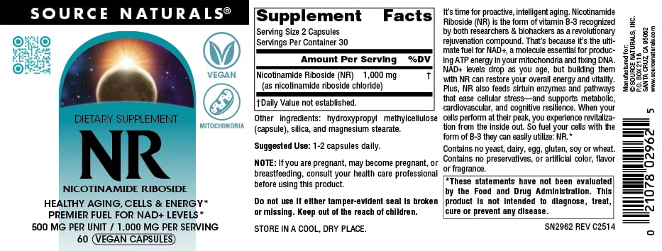 Supplement facts panel for Source Naturals NR nicotinamide riboside.