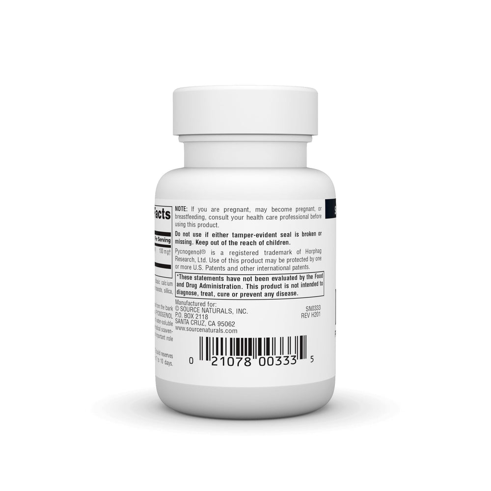 Pycnogenol 100 mg bottle label—plant-based proanthocyanidins for antioxidant support.