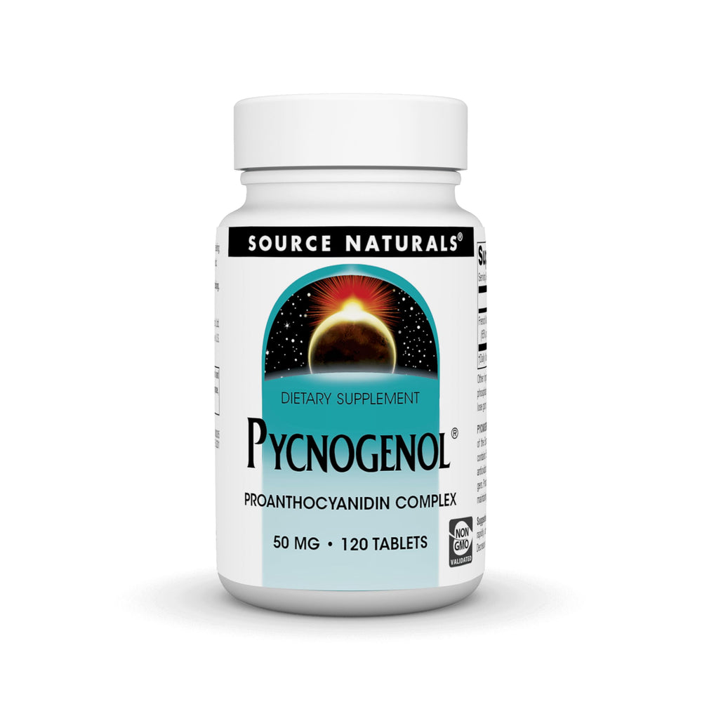 Source Naturals Pycnogenol bottle with 50 mg tablets offers antioxidant support.
