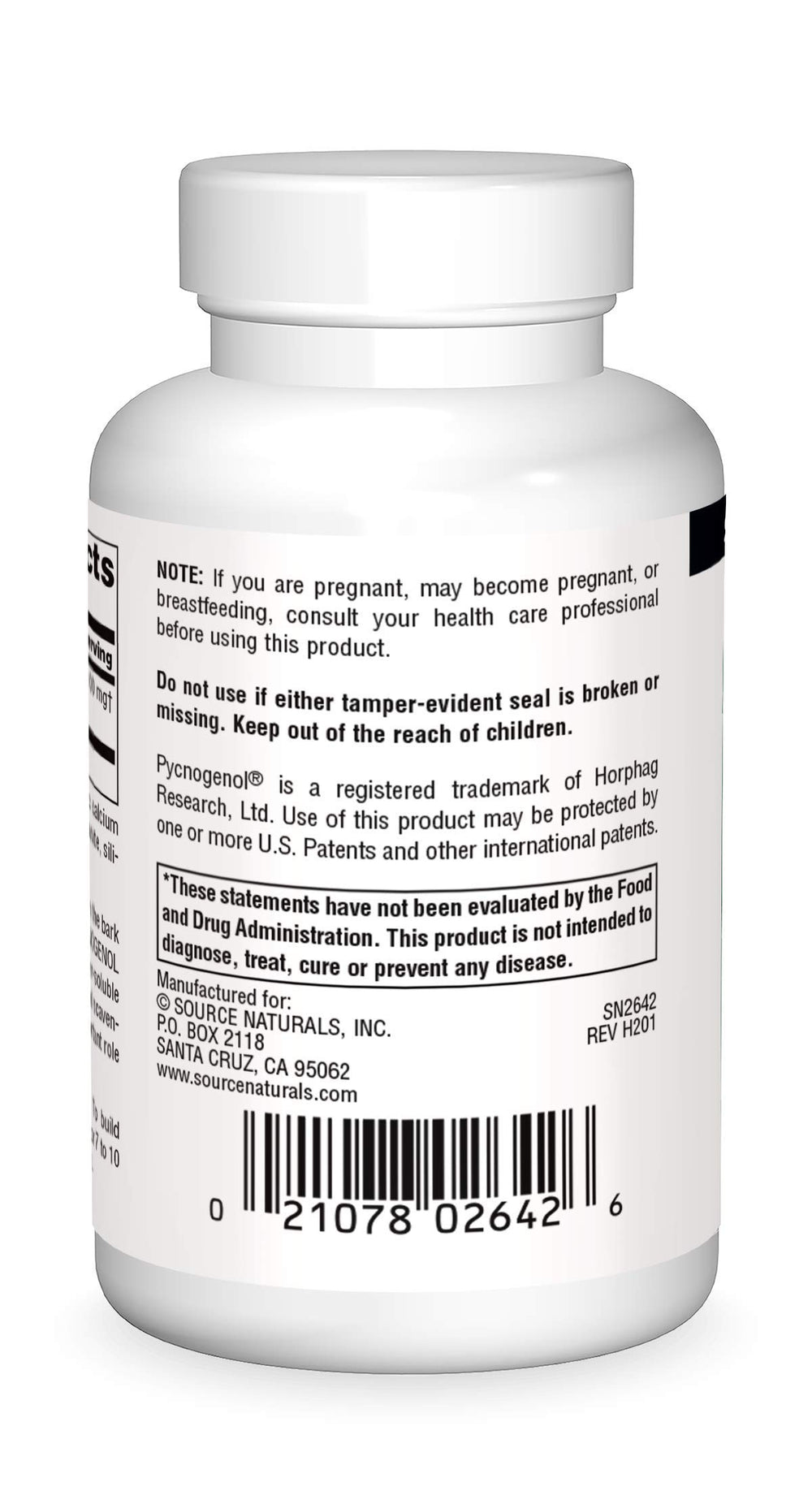 Source Naturals Pycnogenol capsules close-up with 100 mg dose for antioxidant support