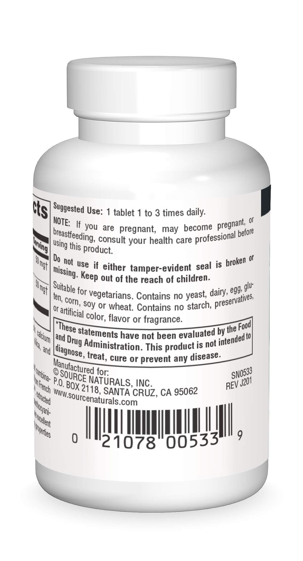 Source Naturals Pycnogenol and Grape Seed Tablets – back view with bottle and label for easy reference and trust.