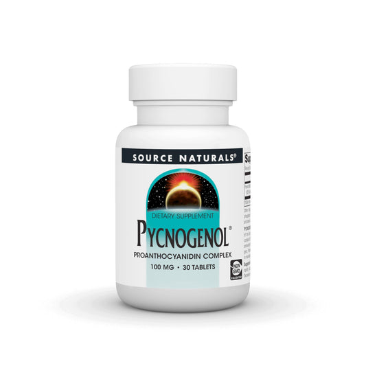 Source Naturals Pycnogenol Proanthocyanidin Complex bottle front showing 100 mg tablets for daily antioxidant support