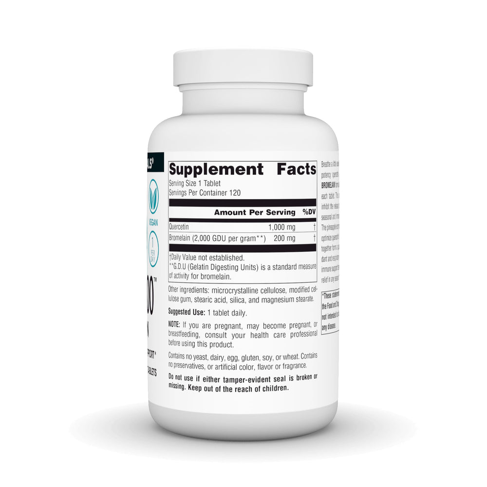 Product label for Source Naturals Quercetin 1000 with Bromelain emphasizes antioxidant benefits.